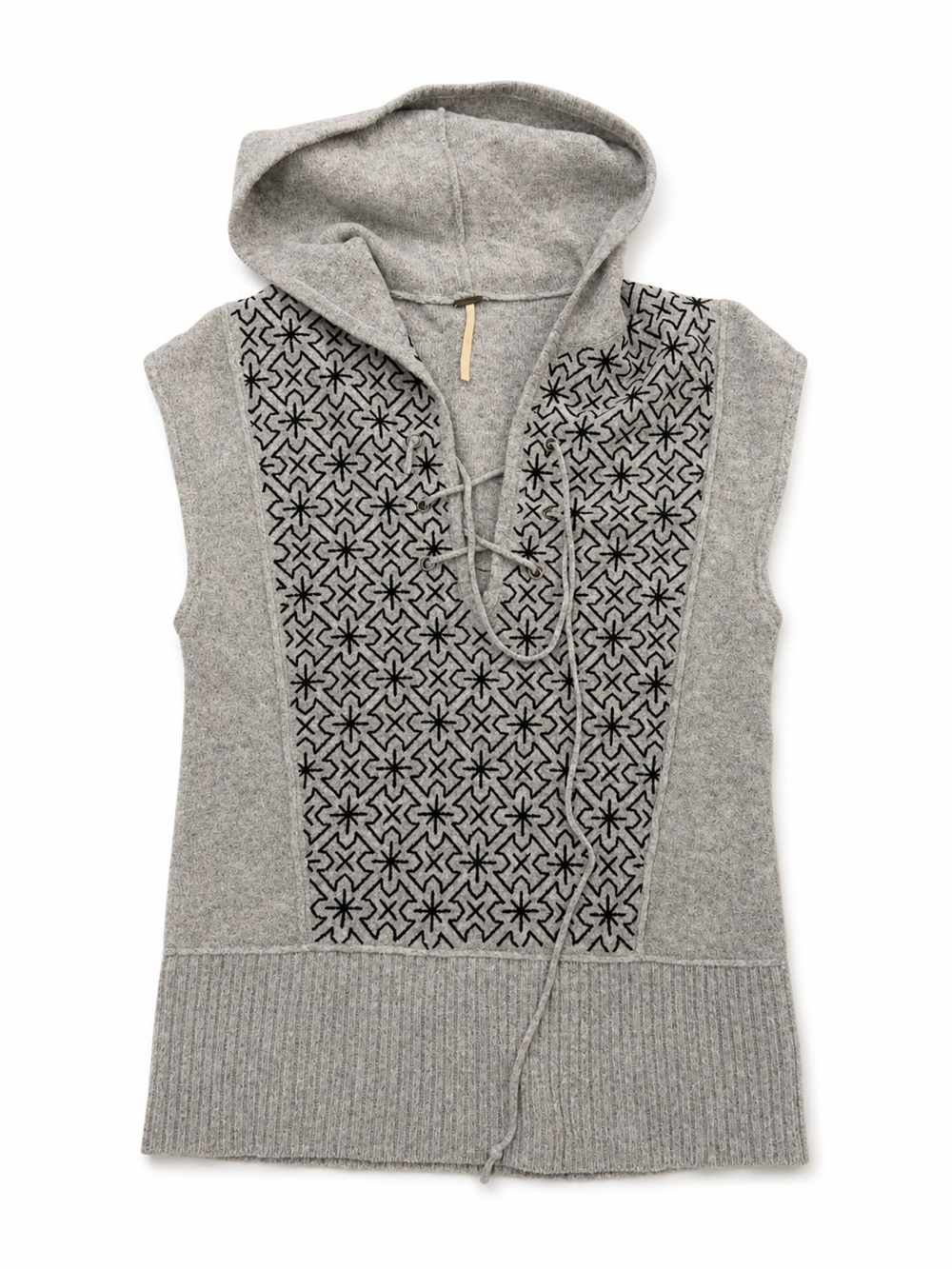 Free People Gray Hooded V-Neck Sleeveless Sweater with Black Pattern
